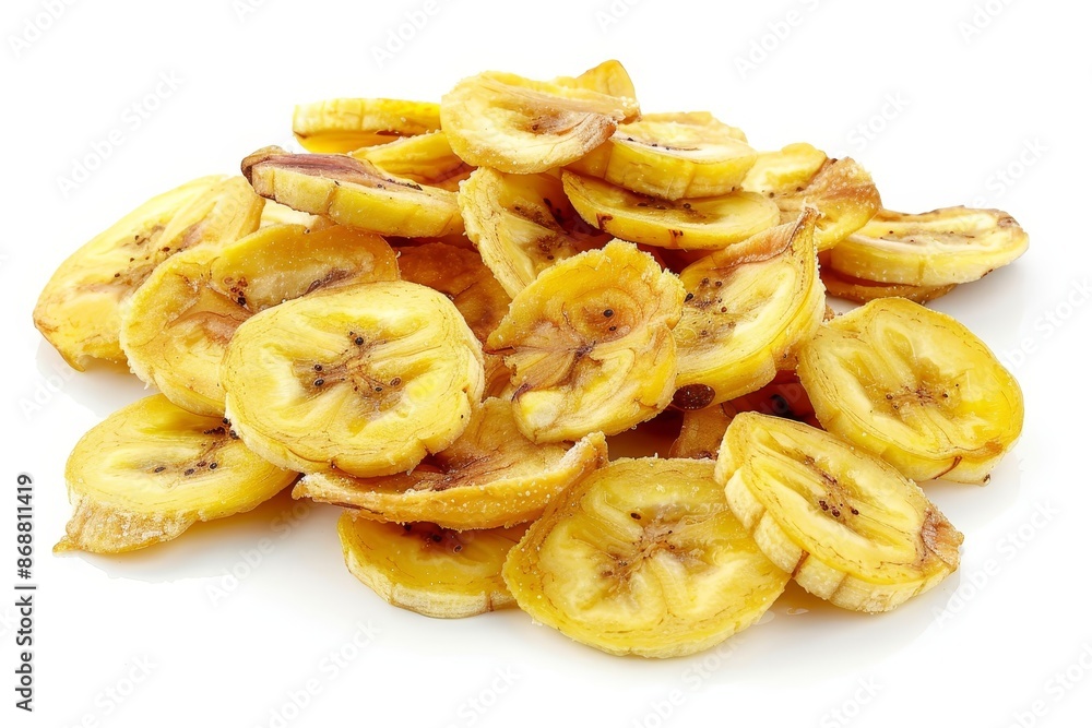 Banana chips against white backdrop Banana chips against white backdrop