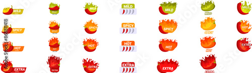 Spicy level icons set. Chili pepper scale showing different levels of spiciness, from mild to extra hot, for food packaging design