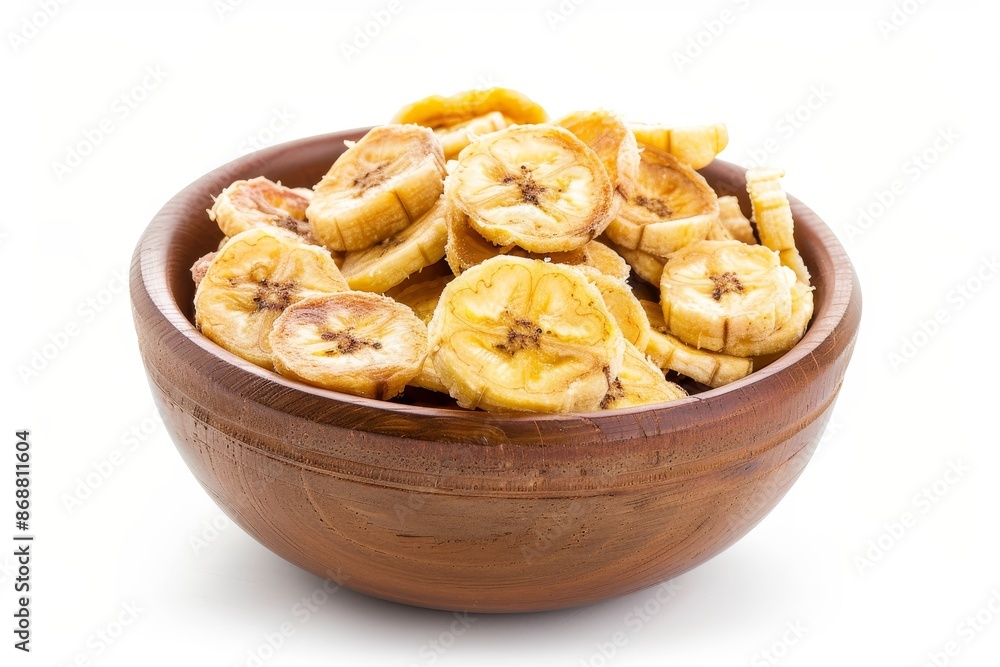 Banana chips in bowl with white background Banana chips in bowl with white background