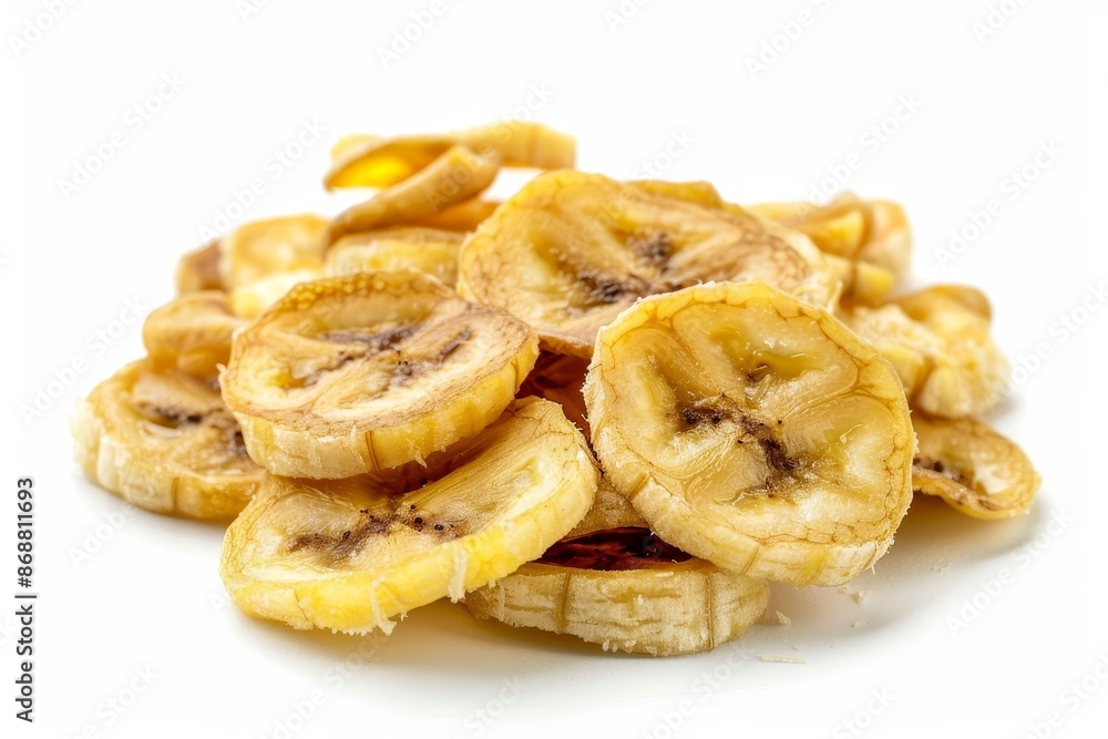 Banana chips isolated on white background with clear focus Banana chips isolated on white background with clear focus