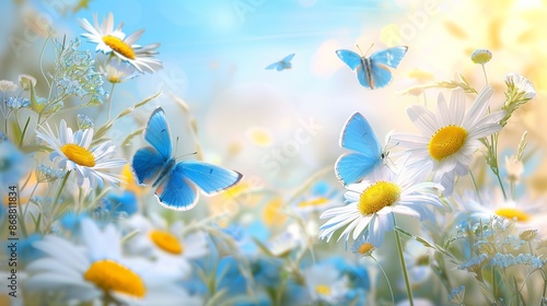 Blue butterflies fluttering around white daisies in a dreamy spring meadow. Beautiful scene of blue butterflies and daisies under a bright blue sky in a floral landscape.