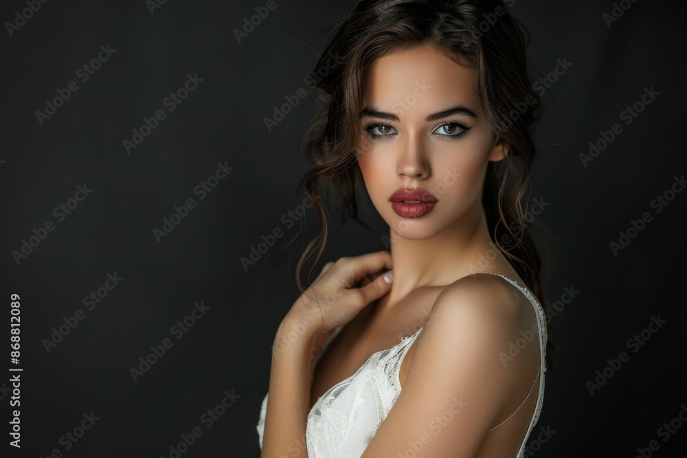 Beautiful European woman in evening gown with flawless makeup posing in professional studio displaying grace and elegance Beautiful European woman in evening gown with flawless makeup posing in professional studio displaying grace and elegance