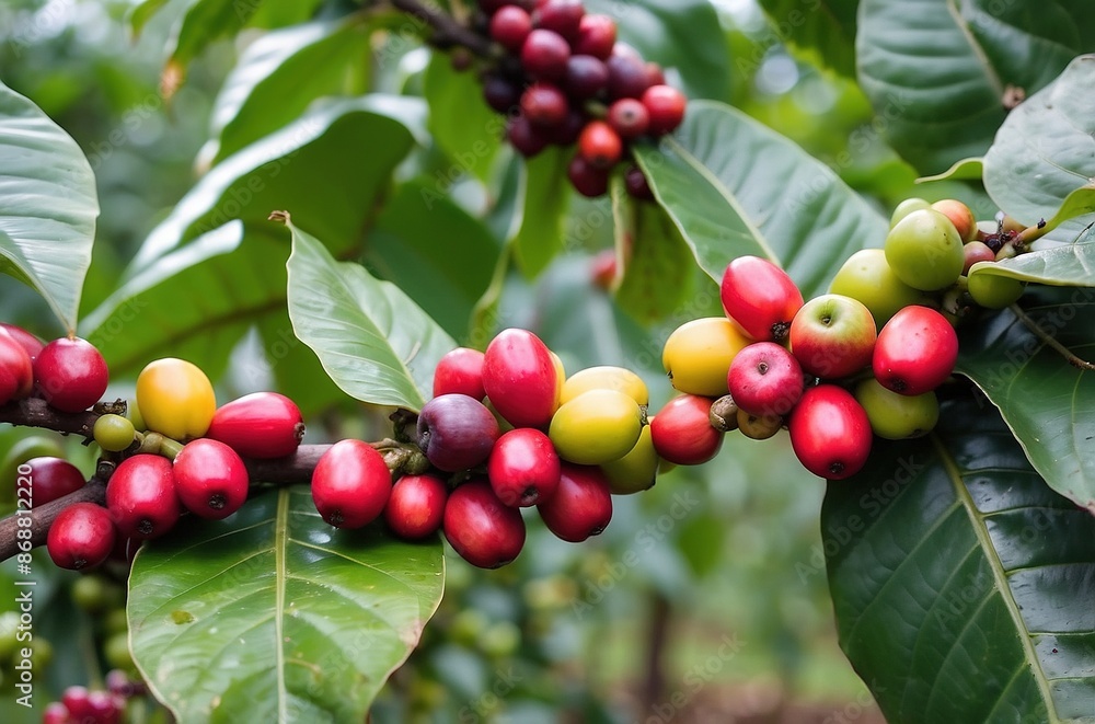 Close up of coffee beans on plant Close up of coffee beans on plant
