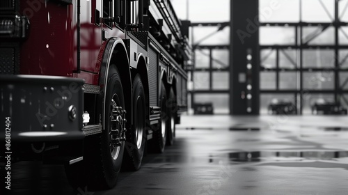 Fire truck inside a modern fire station with wet floor reflecting the vehicle.