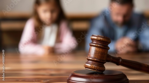 A wooden gavel rests on a wooden sound block, with a blurred child in the background, symbolizing a legal decision about child custody. Generative AI