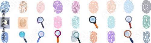 Evidence fingerprint icons set. Collection of colorful fingerprint icons representing the concept of forensic science and crime scene investigation