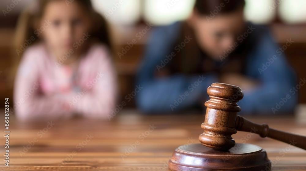 A wooden gavel sits on a wooden table, with two blurred children in the background. This image symbolizes the legal process and the impact of decisions on families. Generative AI A wooden gavel sits on a wooden table, with two blurred children in the background. This image symbolizes the legal process and the impact of decisions on families. Generative AI