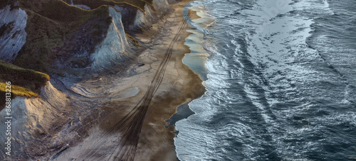 White rocks on the coast of the Sea of Okhotsk in Iturup Island, Kuril Islands,Russia . Aerial view.