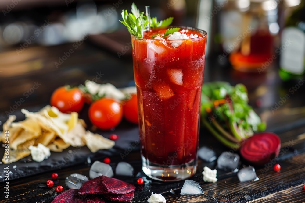 custom made wallpaper toronto digitalBloody Mary with beetroot juice goat cheese and chips on dark wooden counter
