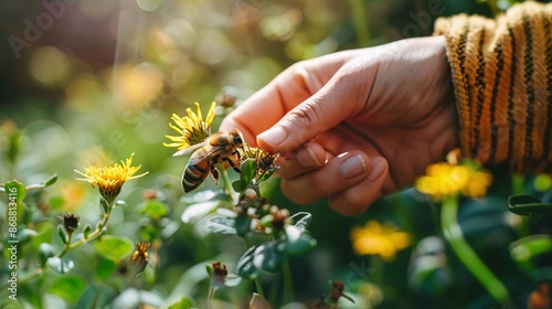 A hand lovingly creating habitat for native bees photo