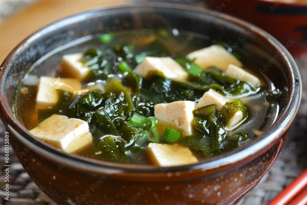 Vegetarian miso soup with enoki mushrooms wakame seaweed and tofu Asian cuisine for vegans Vegetarian miso soup with enoki mushrooms wakame seaweed and tofu Asian cuisine for vegans