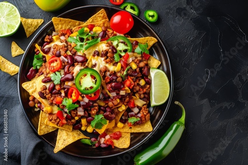 Vegetarian chili with lentils beans nachos lime jalapeno Traditional Mexican meal