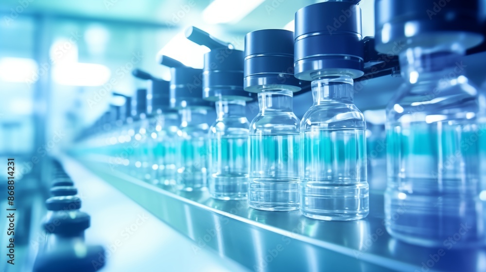 Medical vials on production line at pharmaceutical factory, Pharmaceutical machine working pharmaceutical glass bottles production line Medical vials on production line at pharmaceutical factory, Pharmaceutical machine working pharmaceutical glass bottles production line