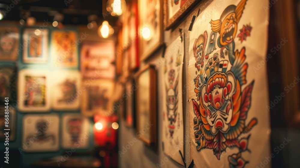Fototapeta premium Vibrant tattoo parlor walls adorned with colorful, intricate designs