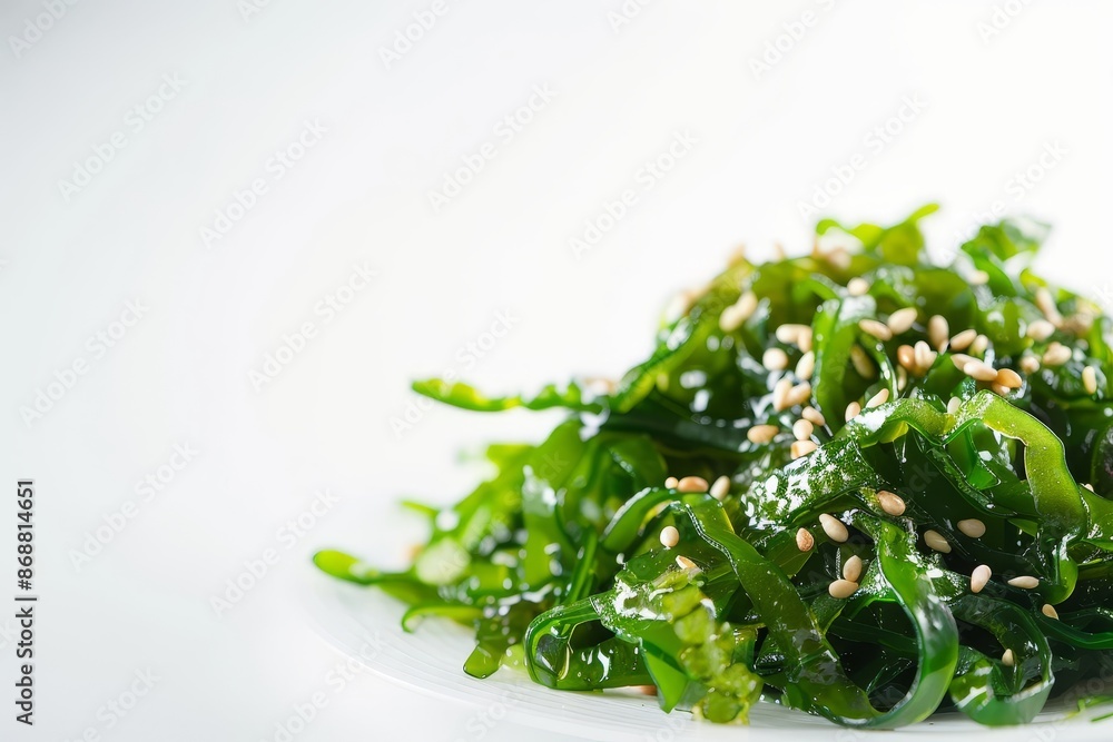 Wakame salad with sesame seeds on white background Wakame salad with sesame seeds on white background