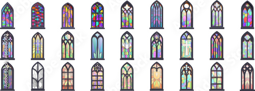 church glass icons set. Collection of colorful medieval style stained glass church windows featuring various shapes and colorful patterns