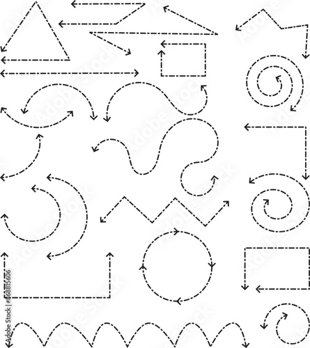 a set of dotted line arrows in various shapes, editable strokes, Illustration featuring various dotted line arrows forming different shapes and patterns, useful for design and educational purposes.