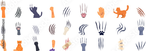 cat scratch icons set. This set features various illustrations of cat scratching claws marks, including an angry pet and injured body parts