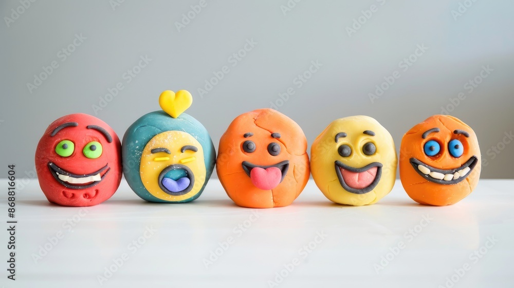 Colorful clay emojis with varied expressions on white background Colorful clay emojis with varied expressions on white background