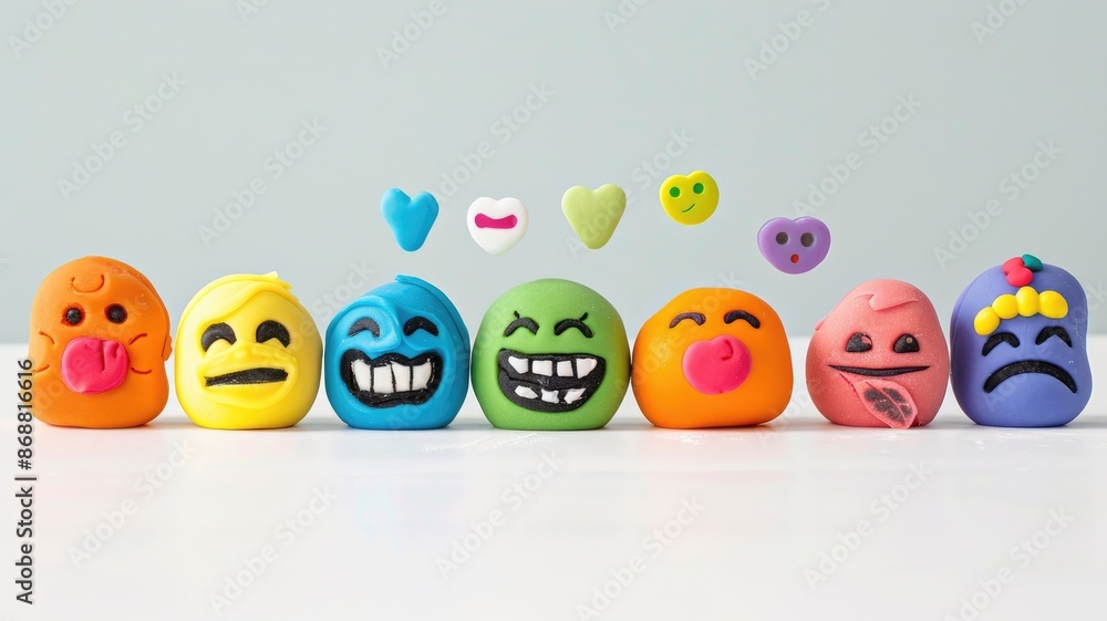 Colorful clay emojis with various expressions on white background Colorful clay emojis with various expressions on white background