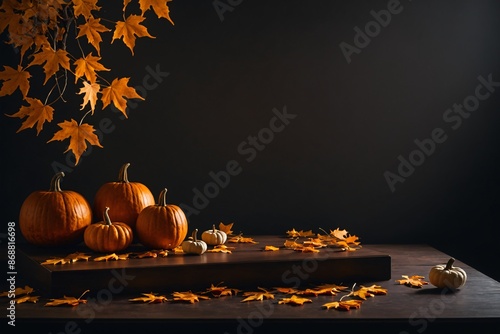 Halloween background with podium for display product, maple leaves, orange pumpkins on dark table.