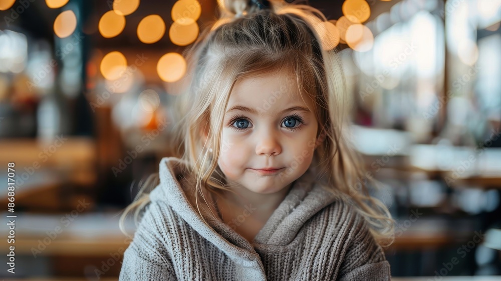 A happy young girl with blue eyes and light brown hair in a cozy gray sweater, smiling with a blurred background of warm twinkling lights in a cafe setting. A happy young girl with blue eyes and light brown hair in a cozy gray sweater, smiling with a blurred background of warm twinkling lights in a cafe setting.