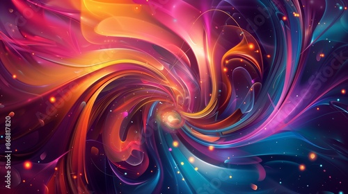 A dynamic, music-themed 3D background with swirling shapes and vibrant colors, creating an immersive rhythm.