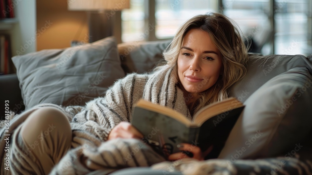 A peaceful woman with blonde hair and glasses, wrapped in a striped blanket, comfortably reading a book while sitting on a gray couch in a cozy and inviting living room. A peaceful woman with blonde hair and glasses, wrapped in a striped blanket, comfortably reading a book while sitting on a gray couch in a cozy and inviting living room.