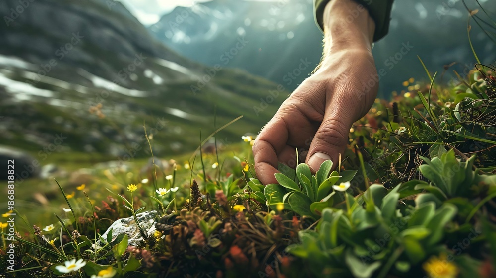 Fototapeta premium A hand lovingly restoring degraded alpine meadows
