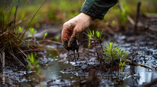 A hand lovingly restoring degraded peatlands, symbolizing carbon sequestration and habitat preservation, captured in Nature Photography styles, emphasizing peatland restoration