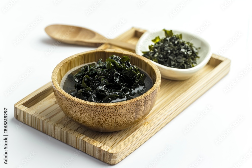 Wet seaweed in cup and dried seaweed with spoon on tray Wet seaweed in cup and dried seaweed with spoon on tray