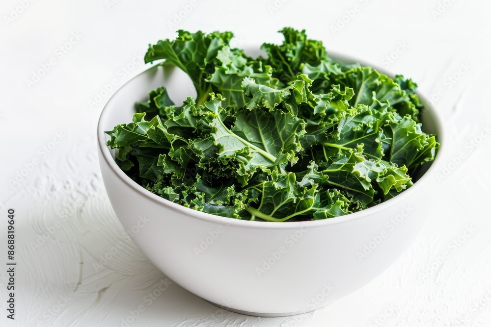 White bowl of kale chips with paprika on white background White bowl of kale chips with paprika on white background