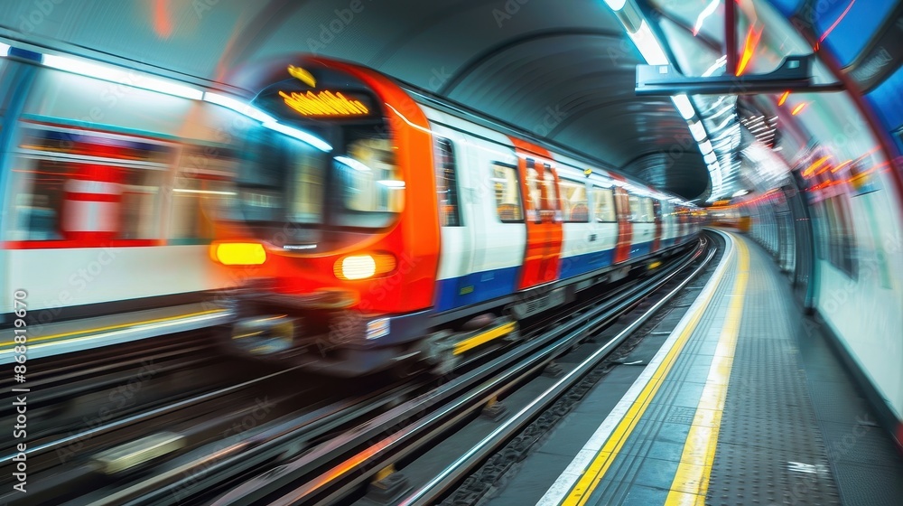 A speeding metro train is captured in motion as it travels through an underground station, highlighting the hustle and bustle of public transport in a big city. A speeding metro train is captured in motion as it travels through an underground station, highlighting the hustle and bustle of public transport in a big city.