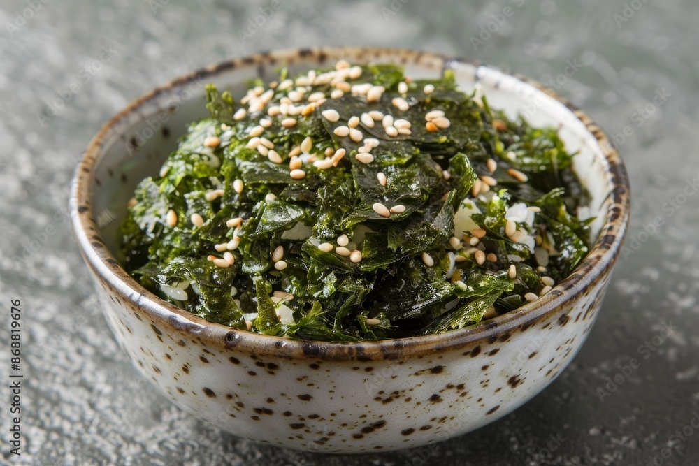 White bowl with Nori flakes furikake seasoning sesame seeds and salt White bowl with Nori flakes furikake seasoning sesame seeds and salt