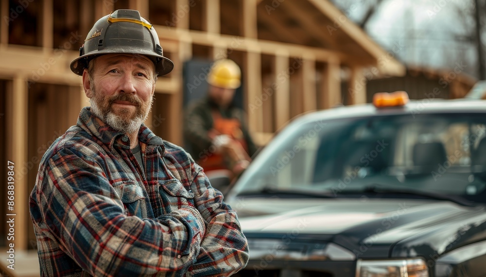 White contractor in his 40s in his new black truck getting tools ready for work on wooden house frame in background White contractor in his 40s in his new black truck getting tools ready for work on wooden house frame in background