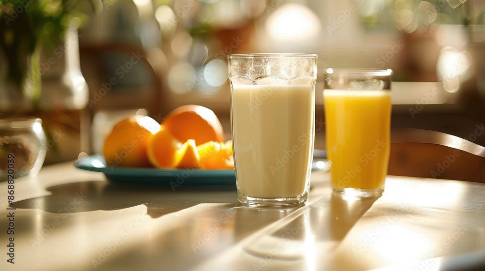 Glasses of milk and orange juice on a table with sliced oranges and sunlight streaming through, displaying a refreshing and calming morning ambience in a kitchen. Glasses of milk and orange juice on a table with sliced oranges and sunlight streaming through, displaying a refreshing and calming morning ambience in a kitchen.