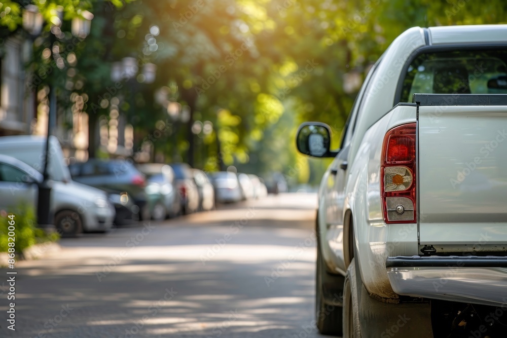 White pickup truck with rear load traveling for tourism or business relocation on a rubber road with parked cars Blurred streetlights and tr White pickup truck with rear load traveling for tourism or business relocation on a rubber road with parked cars Blurred streetlights and tr