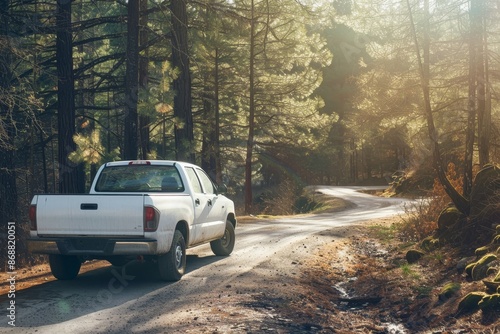 White pickup truck parked on a twisty road in a sunny pine forest evoking adventure