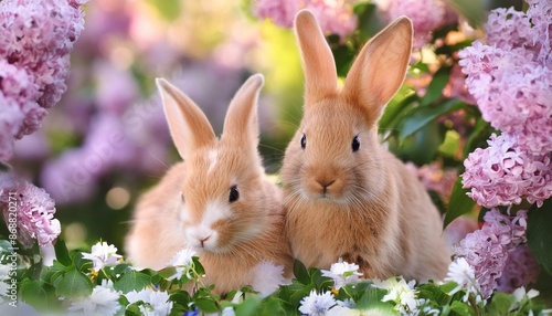 two little sweet rabbits sitting in flowers outdoors © William