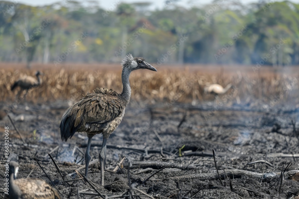 Obraz premium Wild seriema hunting in Brazilian cerrado after fire