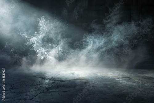 Light in a dark concrete floor with smoke background for display product.