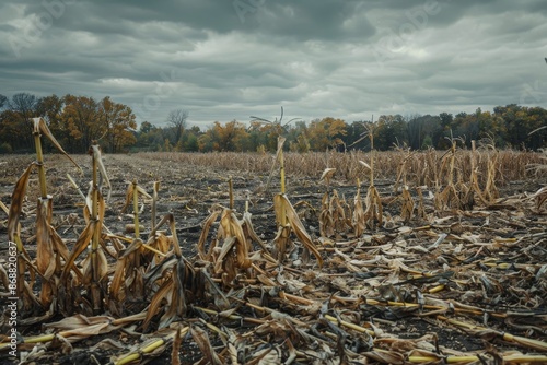 Wild boar destroyed remnants of corn field