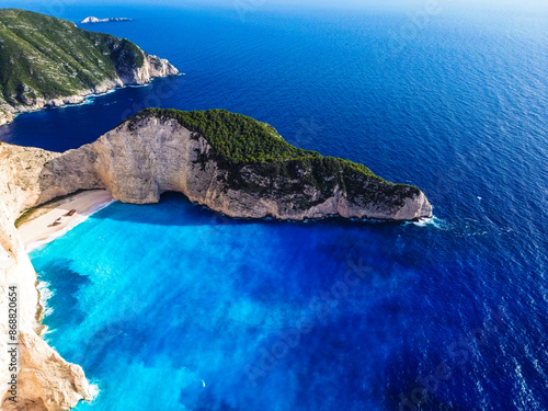 Aerial view over the famous Navagio beach (Shipwreck beach) in Zakynthos island, Greece