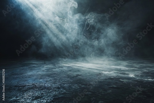 Light in a dark concrete floor with smoke background for display product.