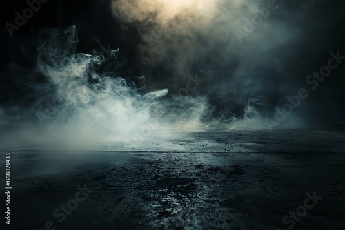 Light in a dark concrete floor with smoke background for display product.