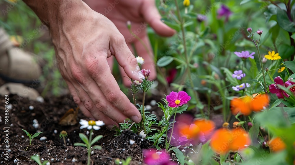 Fototapeta premium A hand skillfully planting native flowers in a pollinator garden