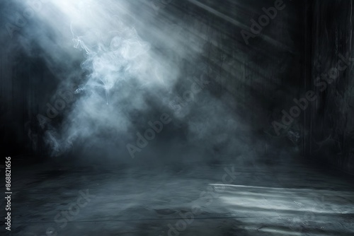 Light in a dark concrete floor with smoke background for display product.