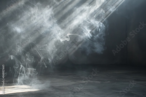 Light in a dark concrete floor with smoke background for display product.