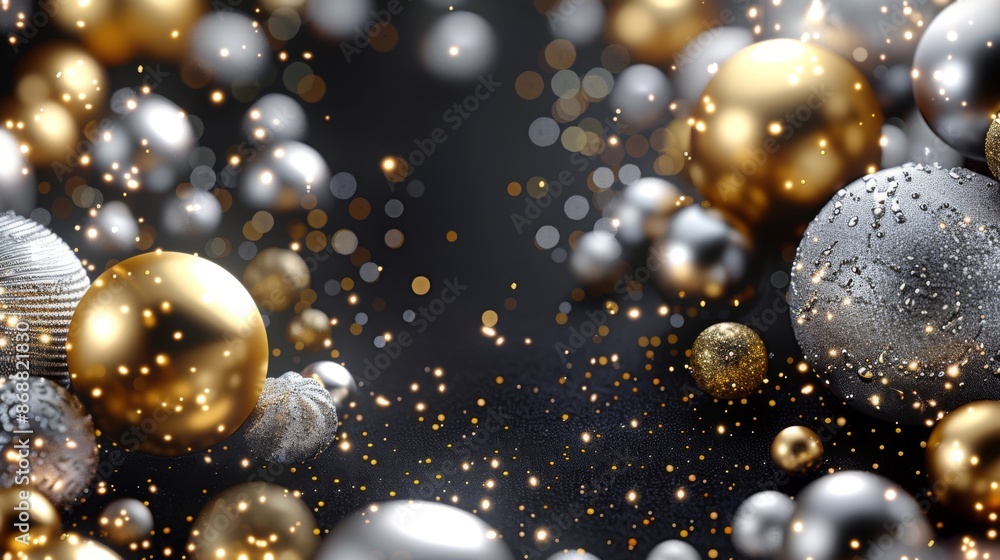 A captivating visual of golden and silver spheres of varying sizes on a dark background, highlighted by floating glowing lights. Perfect for festive or celebratory themes. A captivating visual of golden and silver spheres of varying sizes on a dark background, highlighted by floating glowing lights. Perfect for festive or celebratory themes.