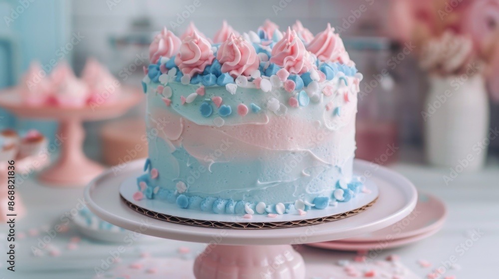 A stunning cake with pastel pink and blue frosting, decorated with swirls and colorful confetti, sitting elegantly on a pink cake stand, perfect for celebrations. A stunning cake with pastel pink and blue frosting, decorated with swirls and colorful confetti, sitting elegantly on a pink cake stand, perfect for celebrations.